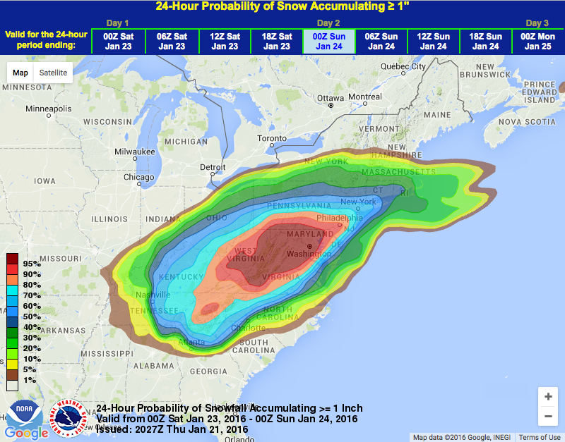 RED = 95% chance of snow. image: noaa, today