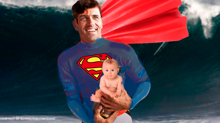 Actual photo of Kelly "Superman" Slater saving a baby at Waimea on Wednesday.