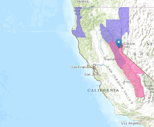 Pin = Squaw Valley.  PINK = Winter Storm Warning.  PURPLE = Winter Weather Advisory.  image:  noaa, today