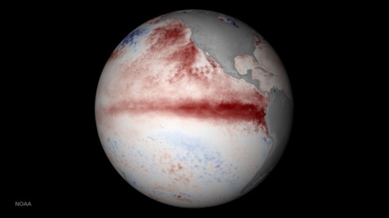 NASA image of sea surface temperatures reflecting el niño from January