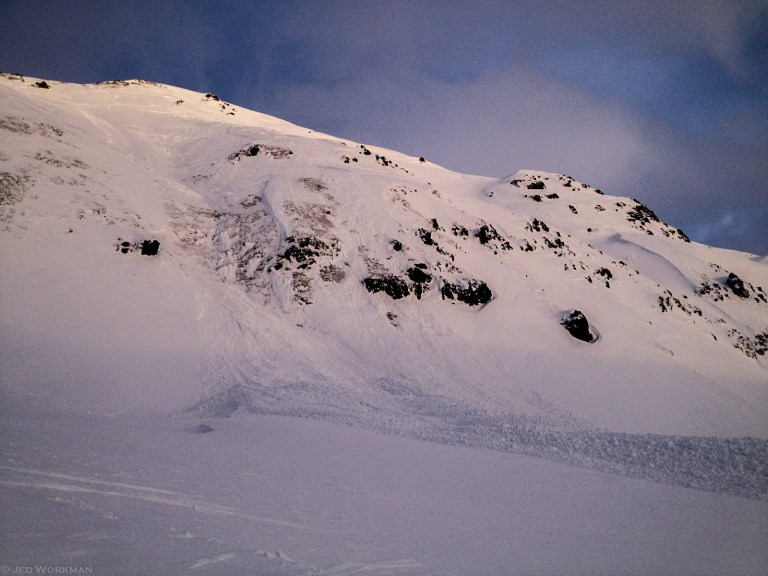 Skyscraper, South Face, recent natural wind slab avalanche, likely occurred early morning on Jan 2, 2016. photot: jed workman