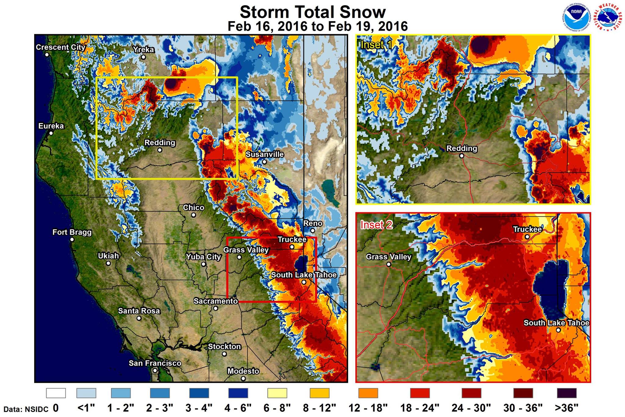 Map showing how much snow fell where in CA yesterday.  image:  noaa, today