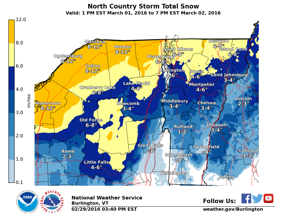 Snowfall forecast totals for NY, VT, NH. image: noaa, today