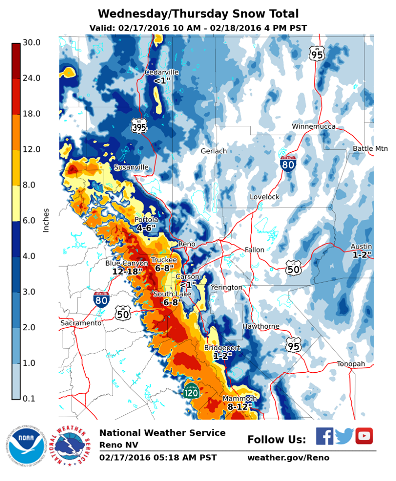 Snowfall forecast for Sierra Nevada. image: noaa, today