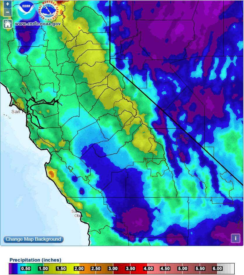 how much precip CA saw past two days. 