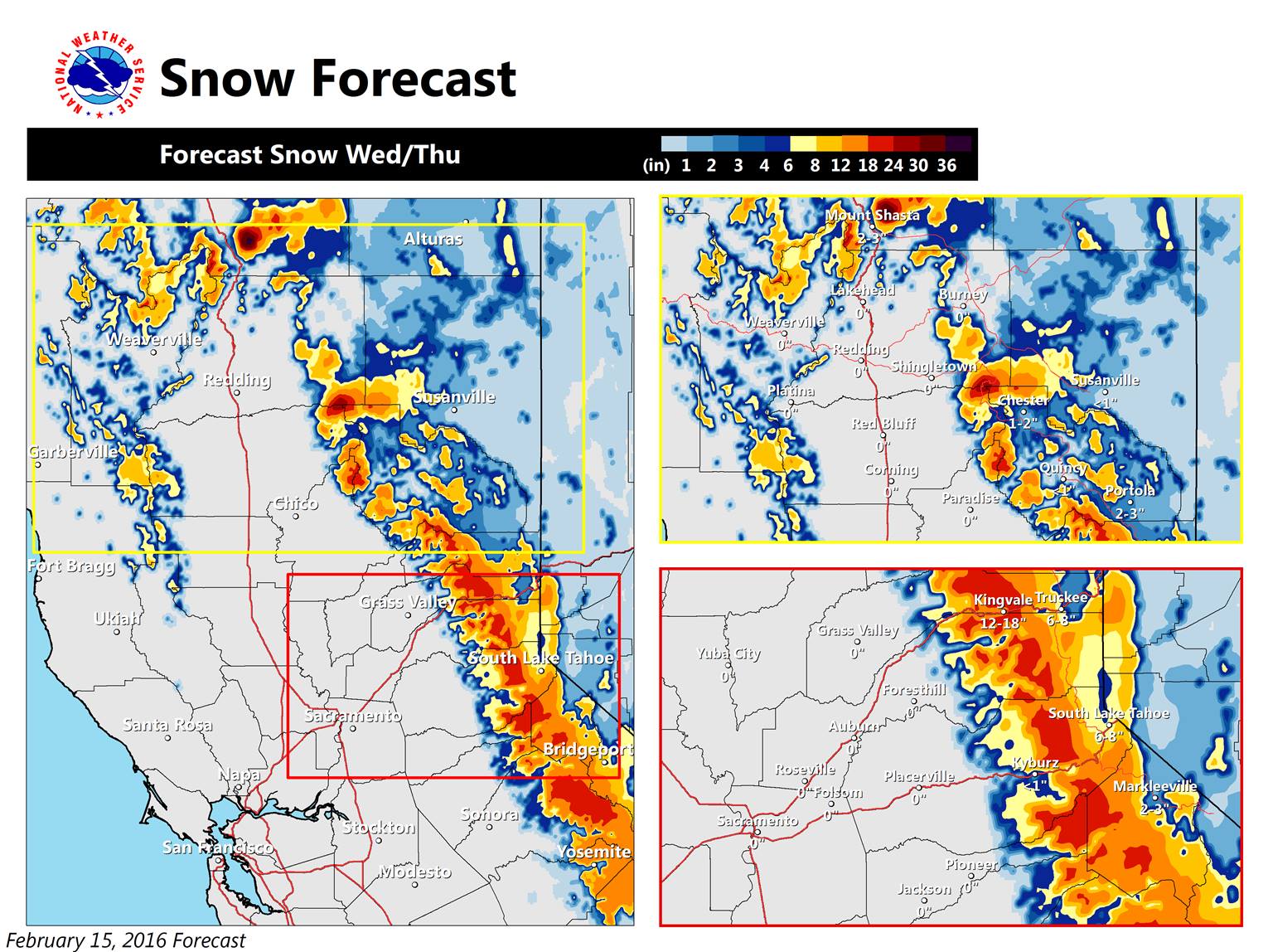Snowfall forecast map for Wed/Thurs in CA. RED = 18-24" forecast. image: noaa, today