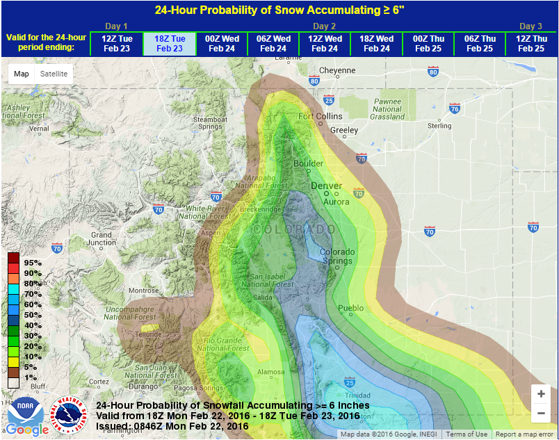 High snowfall probability today in CO. image: noaa, today