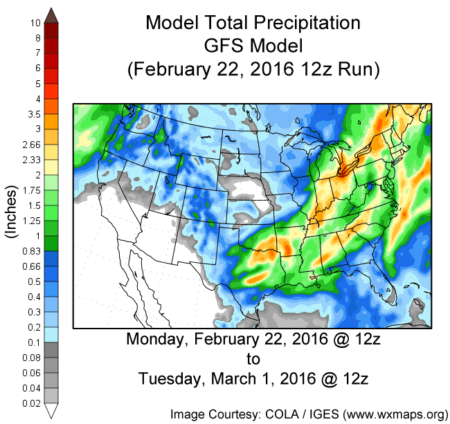"A disappointing February in terms of precipitation looks to come to a mainly warm and dry end. Here is the latest GFS model projection for precipitation through the end of the month. Only light precipitation expected north of Interstate 80. Here is hoping the month of March brings a change toward wetter conditions across CA and NV." - NOAA, today