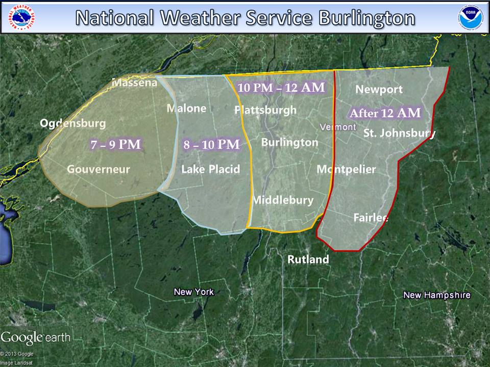 "Snow squalls are expected to affect the northern part of the North Country tonight. Expect a short-duration period of reduced visibility producing near whiteout conditions in snow squalls. Here is a look at an approximate timing when snow squalls could be expected." - NOAA Vermont today