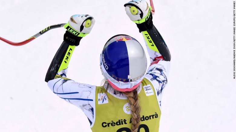 Lindsey celebrating after coming in 1st in the super-G portion of the combined event today.   photo:  getty