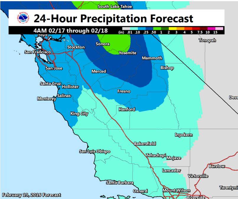 Southern Sierra forecast precipitaiton for Wed-Thurs storm. image: noaa, today