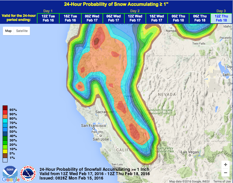 Very high probability of snowfall in CA Wed/Thurs. image: noaa, today
