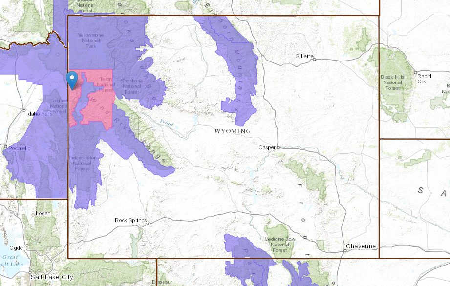 Pin = Grand Targhee, WY. PINK = Winter Storm Warning. BLUE = Winter Weather Advisory. image: noaa, today