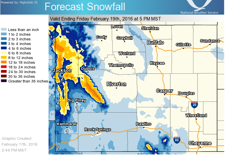 Snowfall forecast for WY. image:  noaa, today
