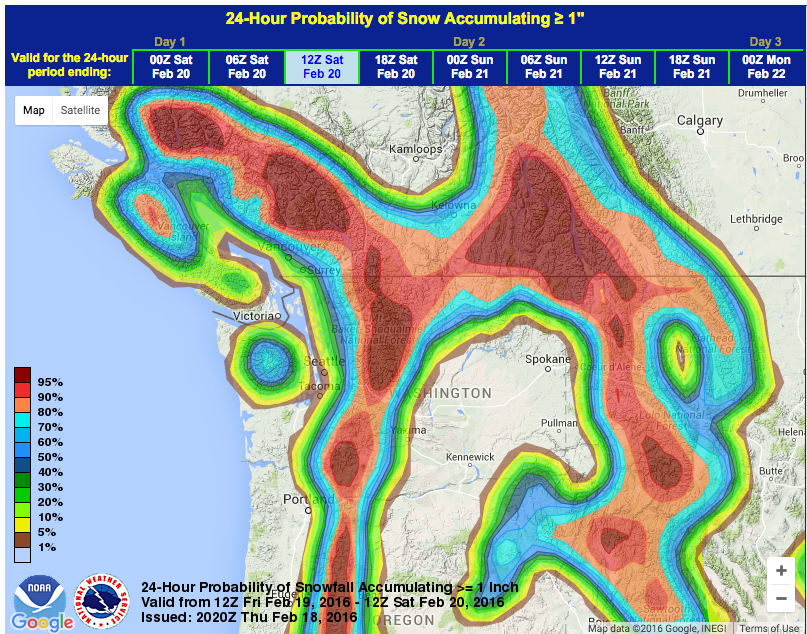 Very high probability for snow in WA this weekend. image: noaa, today