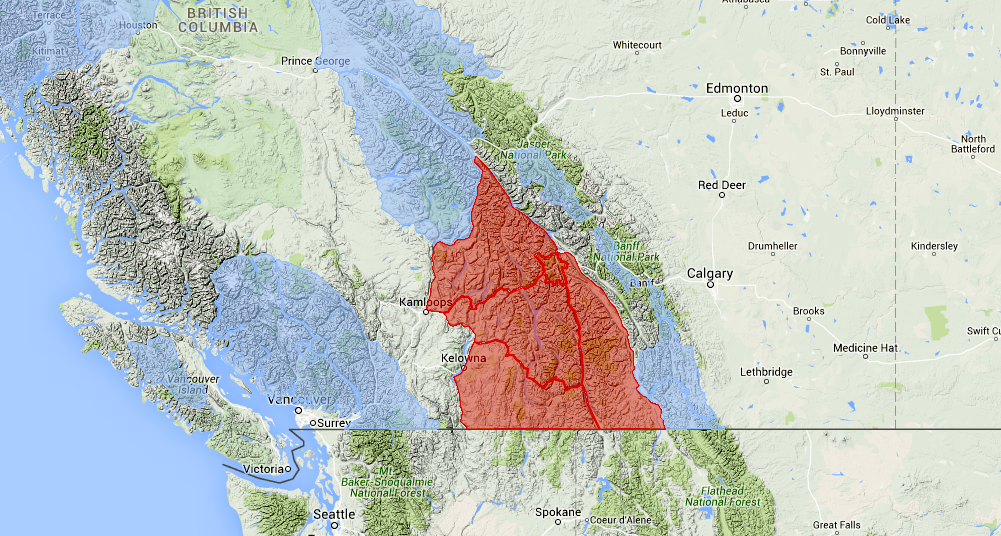 RED= high avy danger this weekend in B.C. image: avalanche canada
