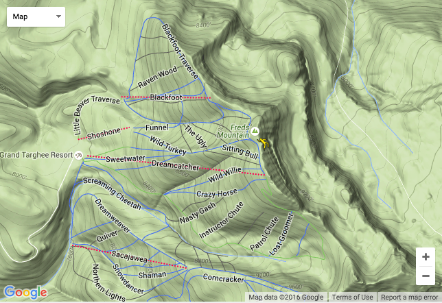 Map showing exact location of the avalanche death. Yellow man = avy fatality location. 