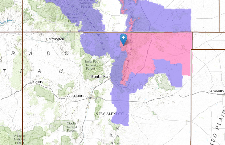 Pin = Taos. PINK = Winter Storm Warning. PURPLE = Winter Weather Advisory. image: noaa, today