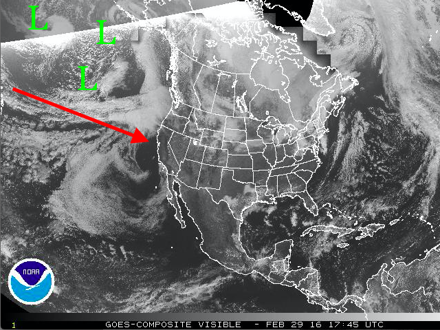 Low Pressure Systems and water vapor headed to the West Coast this weekend? We hope so. image: noaa, today