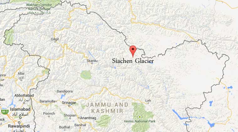 Location of the Siachen glacier in Kashmir, India where the avalanche occurred.