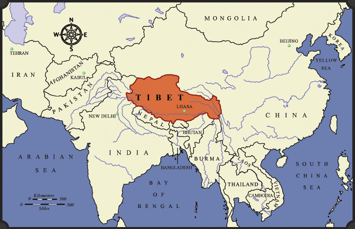 Map showing location of Lhasa, Tibet, China.