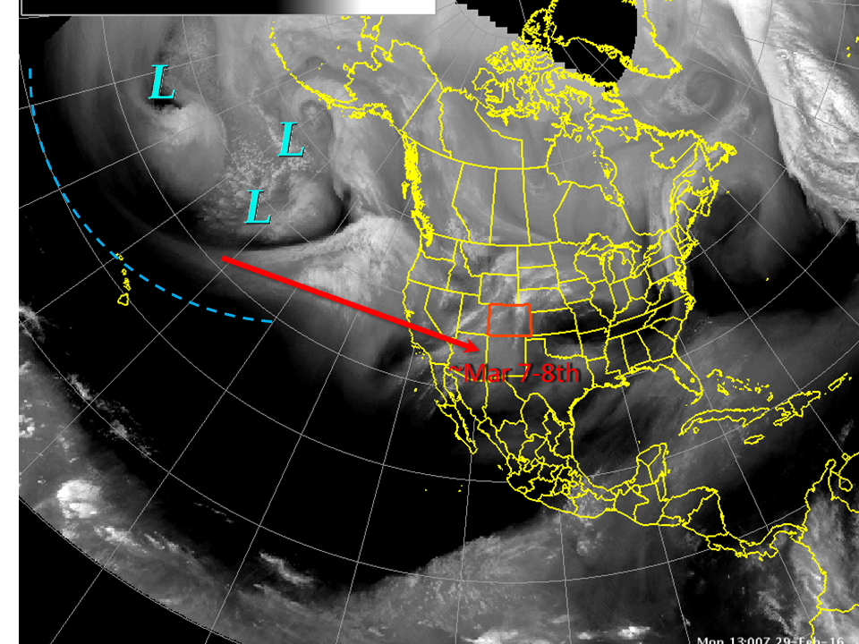 "A lot of storminess in the central and north Pacific right now, seen in the water vapor image from thius morning, will slowly translate eastward until it reaches the Central Rockies sometime early next week. Then, expect a return to cool and unsettled conditons, maybe even some snow for the lowlands" - NOAA, Colorado yesterday