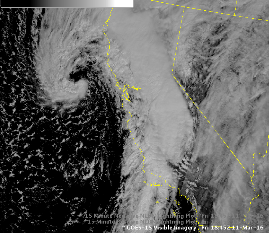 "Satellite image of our storm this morning. Front moving thru the central coast & low pressure spiral W of SFO."  - NOAA at 11am today