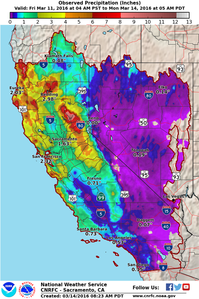 "How much precipitation has fallen since Friday morning? The highest amounts were 7-10 inches over the Northern Sierra and 6-9 inches around Shasta Lake. Precipitation led to rising rivers, creek, and streams, and weir overflow. Reservoir levels also continue to rise in Northern California." - NOAA, Sacramento, CA today