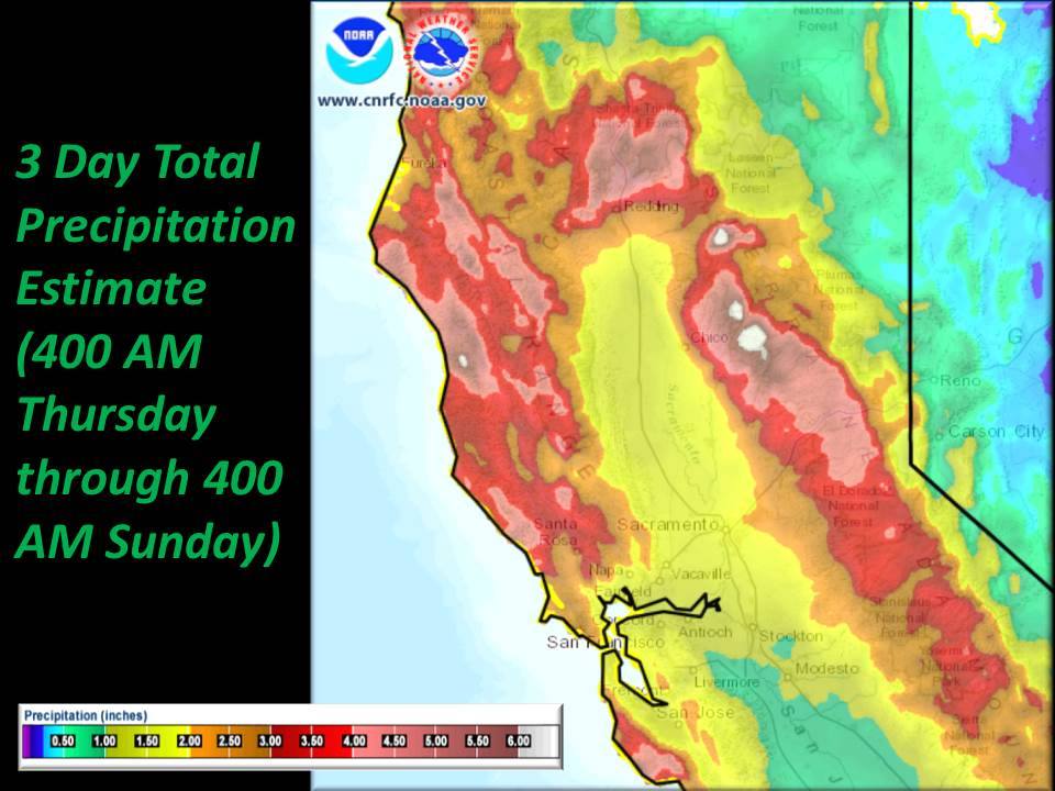 "Wet storm pattern ahead through at least the weekend. Here is a 3 day total of estimated incoming precipitation through 4 am Sunday." - NOAA Sacramento, CA today