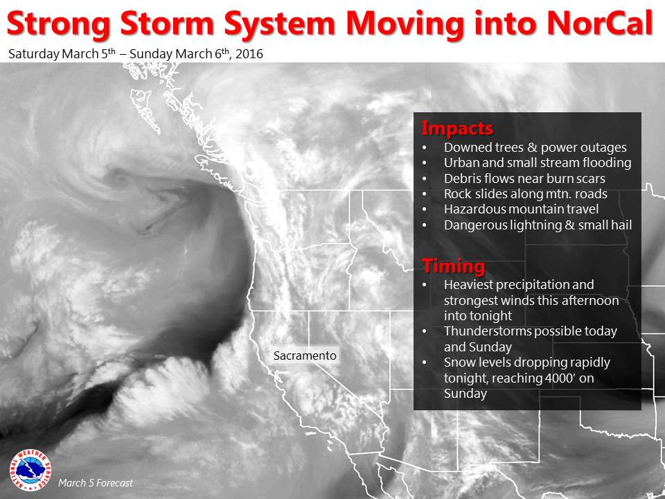 "Strong storm system moving onshore will bring it all this weekend! Damaging winds, heavy rain, feet of mountain snow, and thunderstorms. The heaviest precipitation and strongest winds are expected this afternoon into evening. Are you prepared?" - NOAA Sacramento, CA today