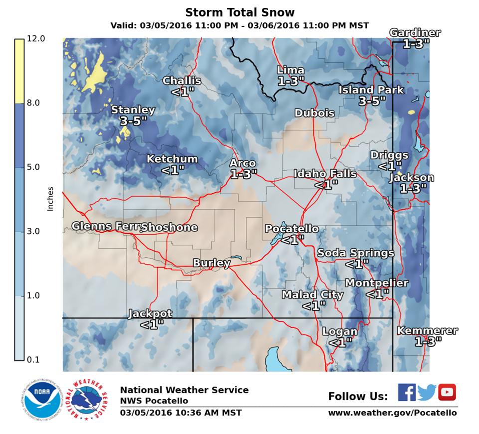 "Snow amounts for Sunday's storm" - NOAA Pocatello, ID today