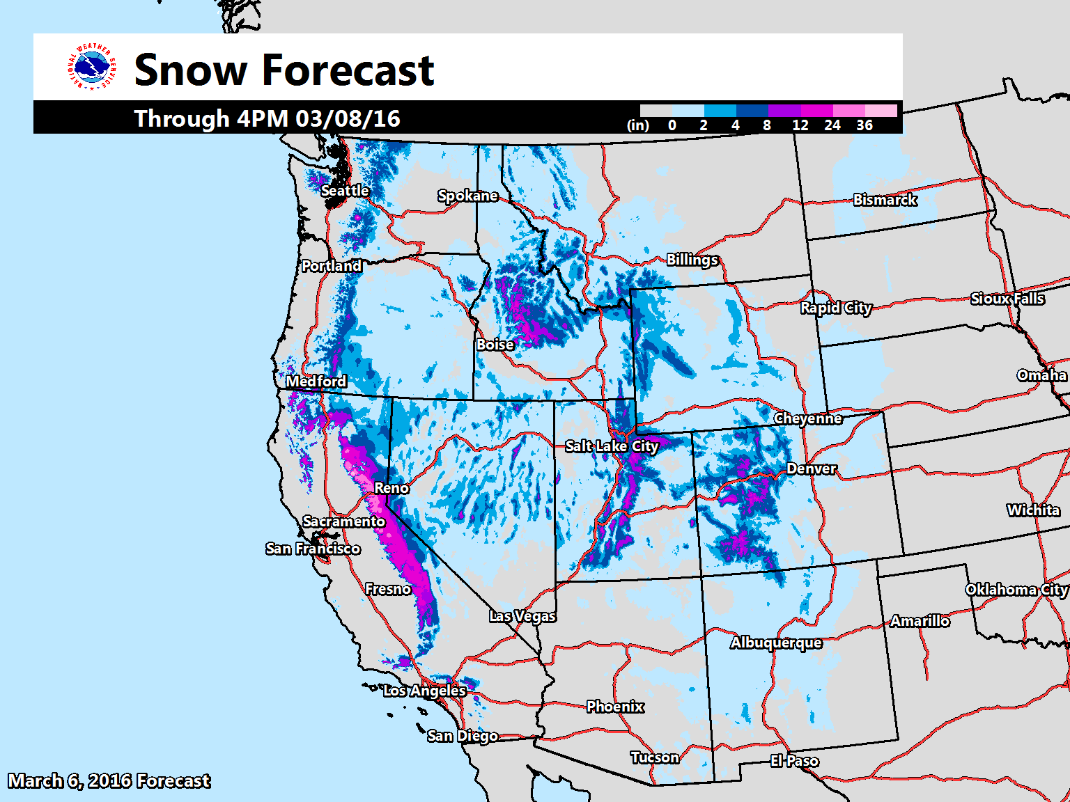 "Periods of heavy snow mountain snow over the next several days across portions of the western U.S. Use caution if you will be traveling in these areas!" - NOAA, today