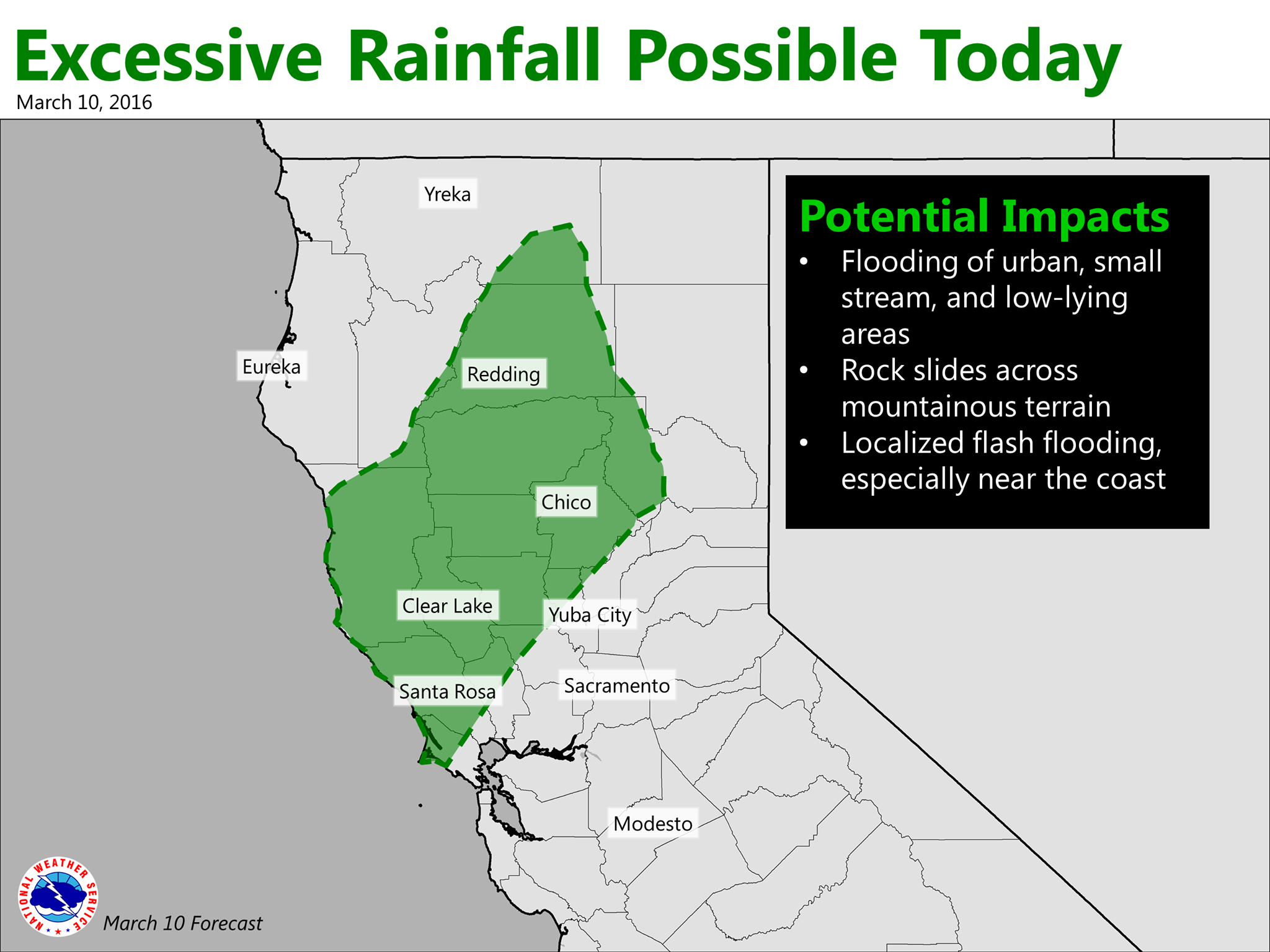 "A warm and wet weather system is moving through Northern California today. This system is expected to stall just north of Interstate 80, and could bring an extended period of heavy precipitation along a narrow corridor. Flooding of urban, small stream, and low-lying areas will be possible, along with rock slides across mountainous terrain." - NOAA Sacramento, CA today