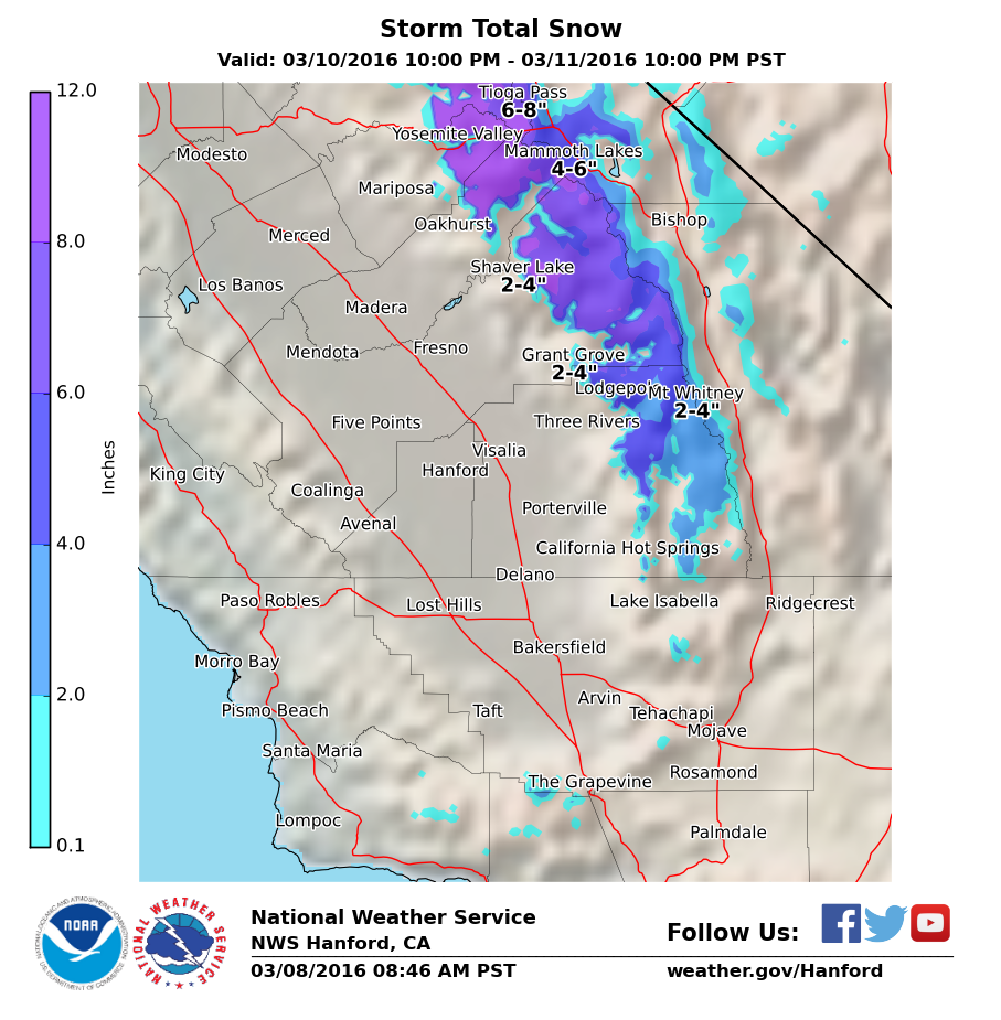 "The next round of weather for our area is expected Thursday evening through Friday Evening. Up to a foot of snow is expected above 7000 feet in the Yosemite NP area, and several inches above 7000 feet over the Tulare county mountains." - NOAA Hanford, CA today
