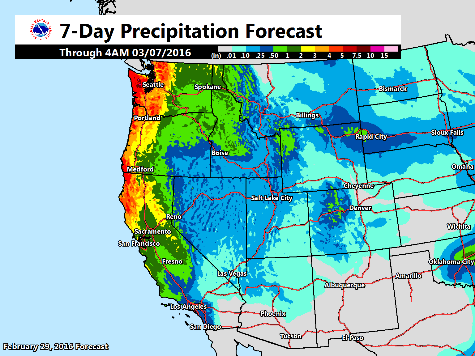 "As has been recently advertised, a more active storm track is becoming more likely and will result in widespread precipitation into this weekend and next week. The image shows the 7-day precipitation forecast across the West." - NOAA, Feb. 29
