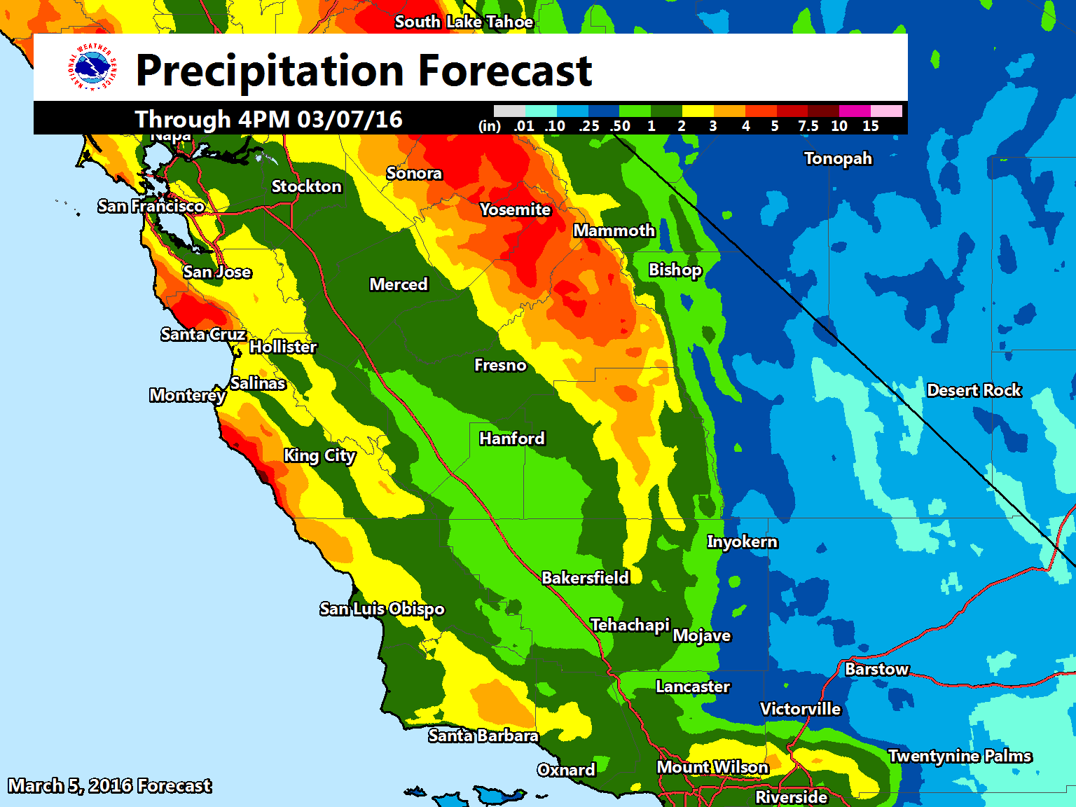 "Forecast precipitation from Saturday morning through Monday afternoon in SoCal." - NOAA Hanford, CA today