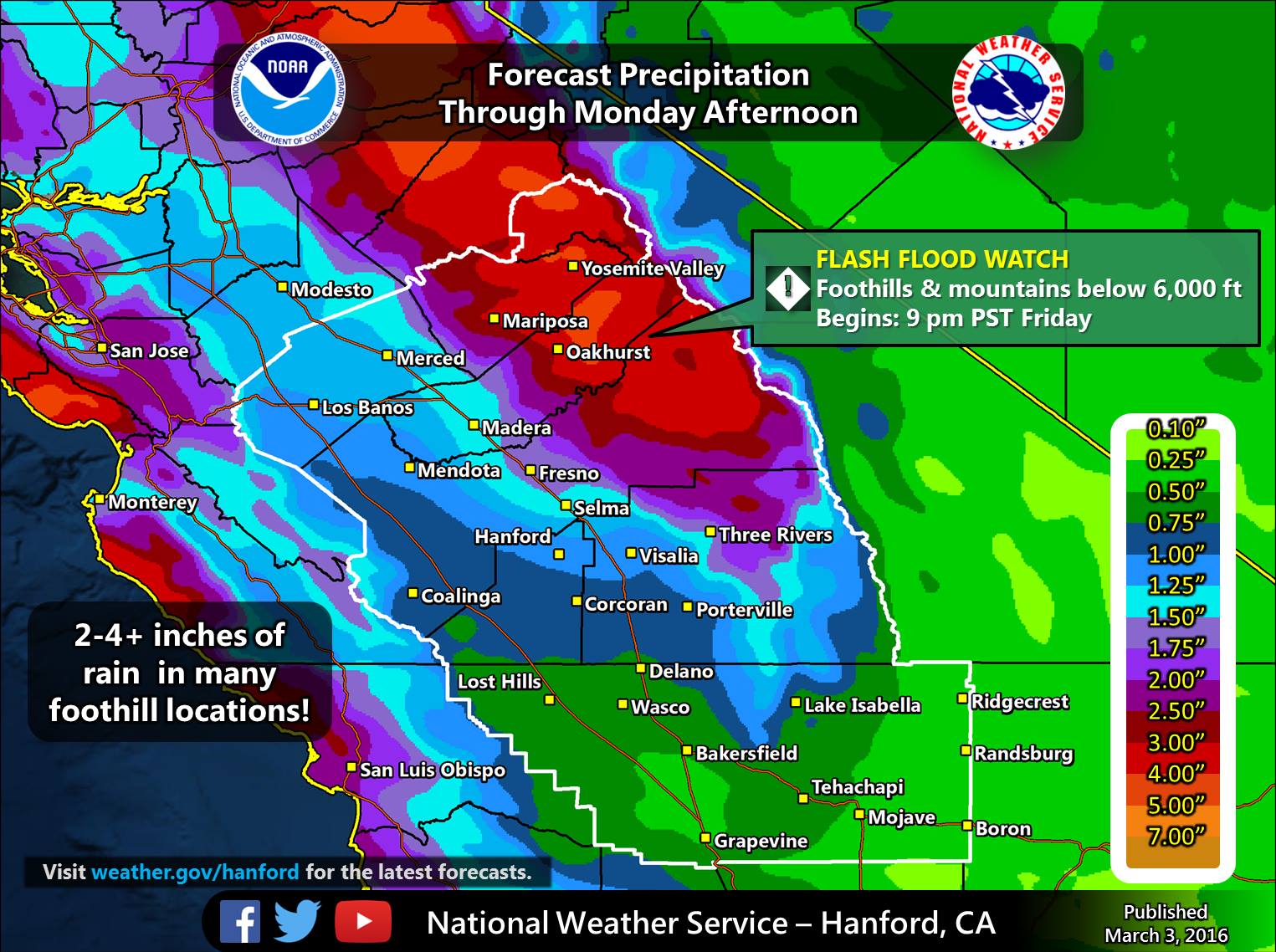 "Here is the latest precipitation forecast through Monday for Central California. Many foothill locations in Tulare, Fresno, Madera, and Mariposa Counties will receive 2-4 inches of rain or more. As a result, a flash flood watch goes into effect for these locations at 9 pm PST Friday. " - NOAA Hanford, CA today