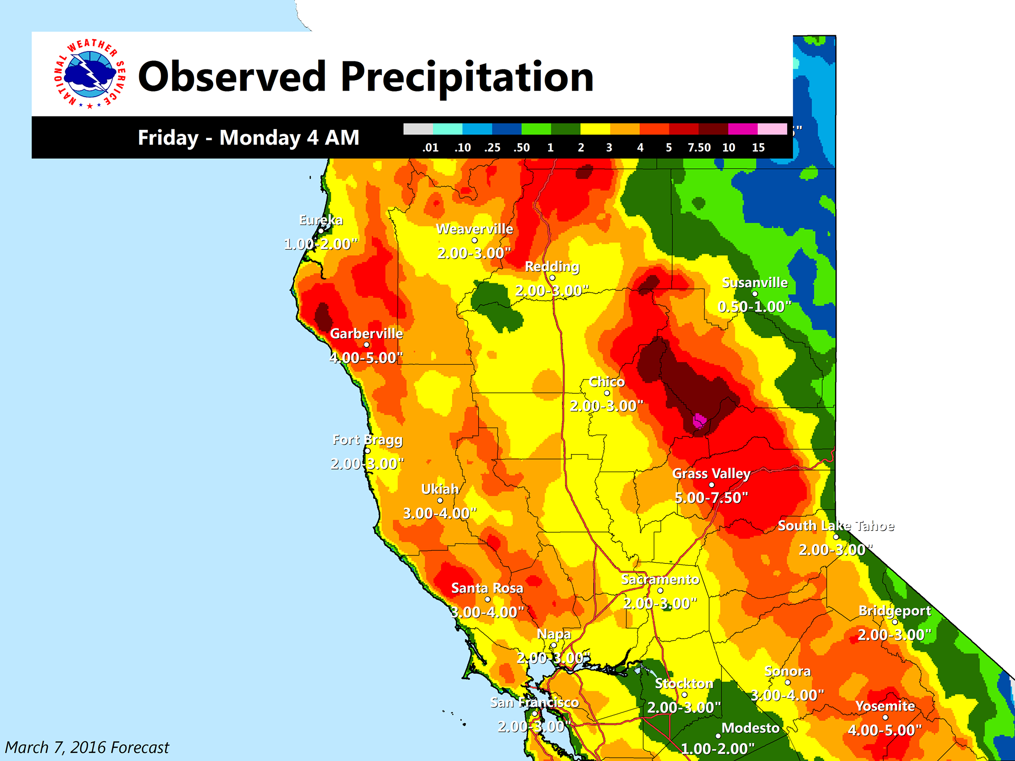 "Very active weekend of weather for NorCal! Curious how much rain fell? Here is an image we threw together this morning (unofficial amounts so far) showing the rain totals from Friday through early this morning (Monday 4 am). Some very hefty amounts generally from 1" to 3" in the valley and up to 10" in the Feather River Basin area!" - NOAA Sacramento, CA today