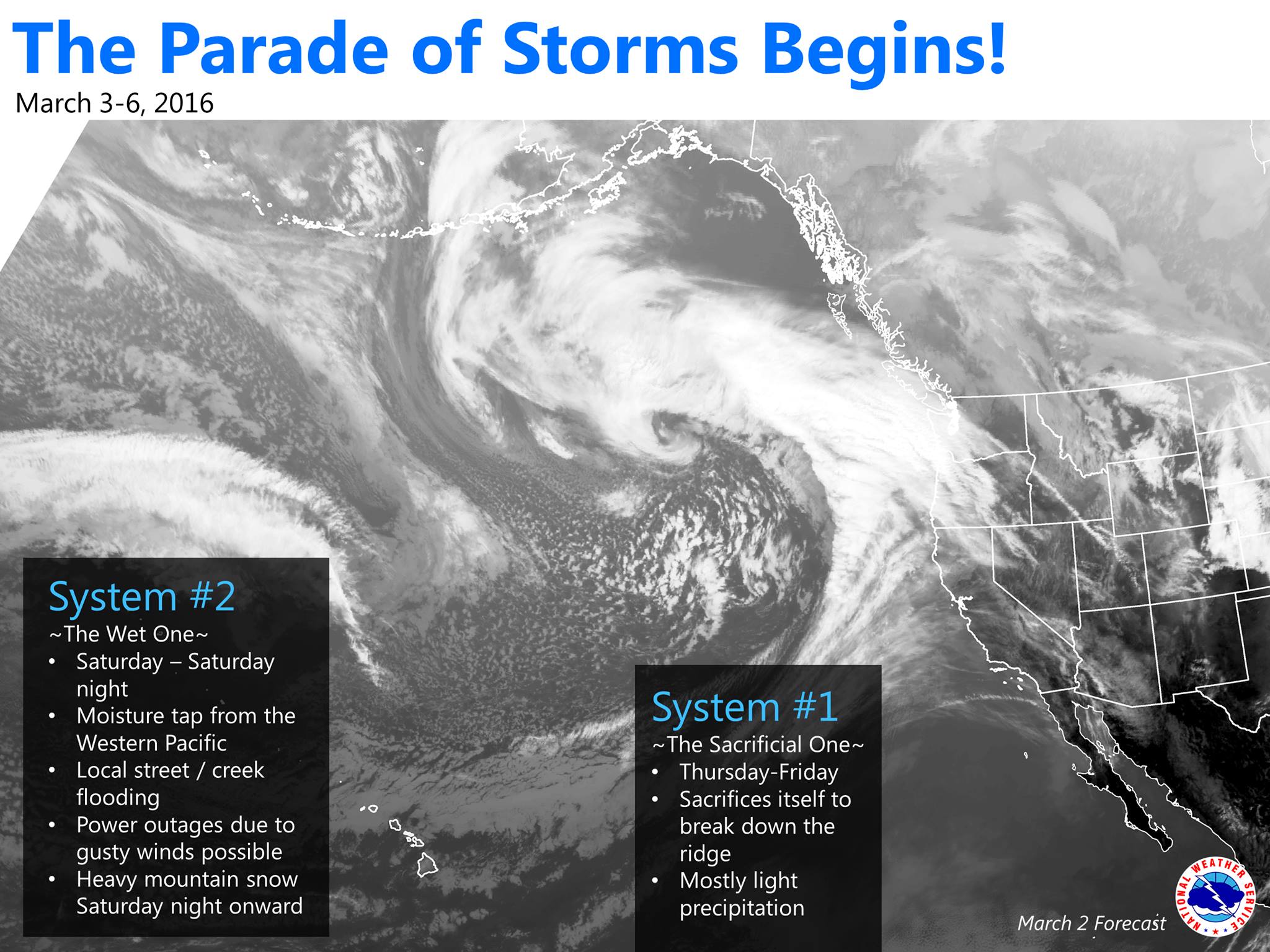 "The first in a long series of weather systems will arrive in Northern California tomorrow. This system basically sacrifices itself to break down California's persistent ridge of high pressure, but will clear the way for a much wetter storm on Saturday!" - NOAA Sacramento, CA today