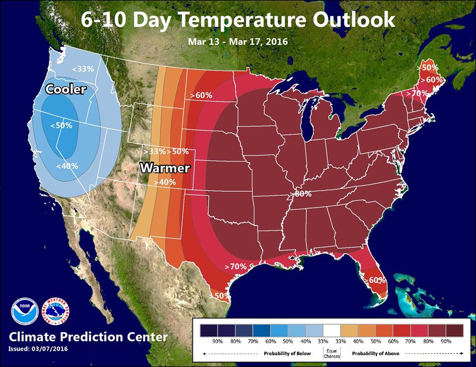 NOAA's 6-10 day temperature forecast is looking good for the PNW. image: noaa, today