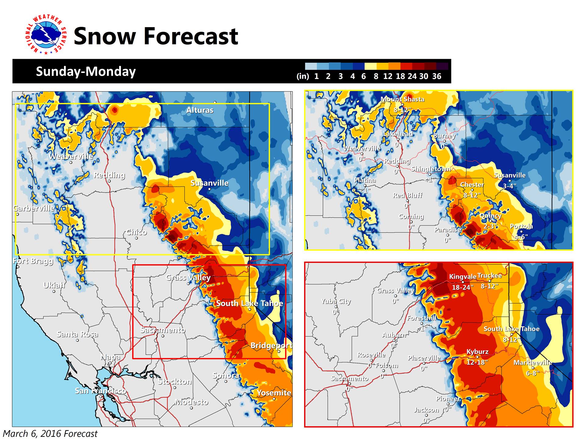 "Our next system will move in this evening bringing very heavy snow above 4000 ft! Expect chain controls and avoid travel over the mountains if possible." - NOAA Sacramento, CA today