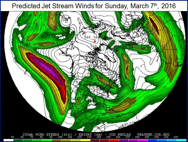 These storms will be pushed into the Western US by a powerful, dropping jet stream. This image shows the forecast jetstream for March 7th. image: noaa, yesterday