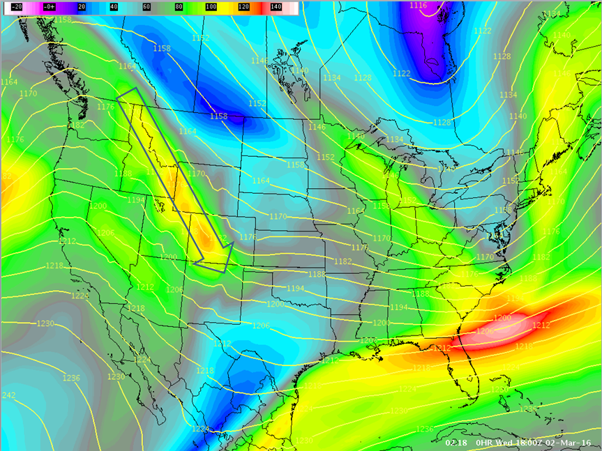 "So where's all the wind coming from? The image below shows the jet stream at 200mb (around 32,000 feet). The yellow, orange, and red colors indicate the strongest speeds. Over Colorado, the jet stream is reaching speeds of 120kts or so and is mixing down to the surface causing the gusty winds. You can also see the ridge of high pressure to our west which will continue to build in and bring pleasant weather for the next few days." - NOAA Grand Junction, CO today