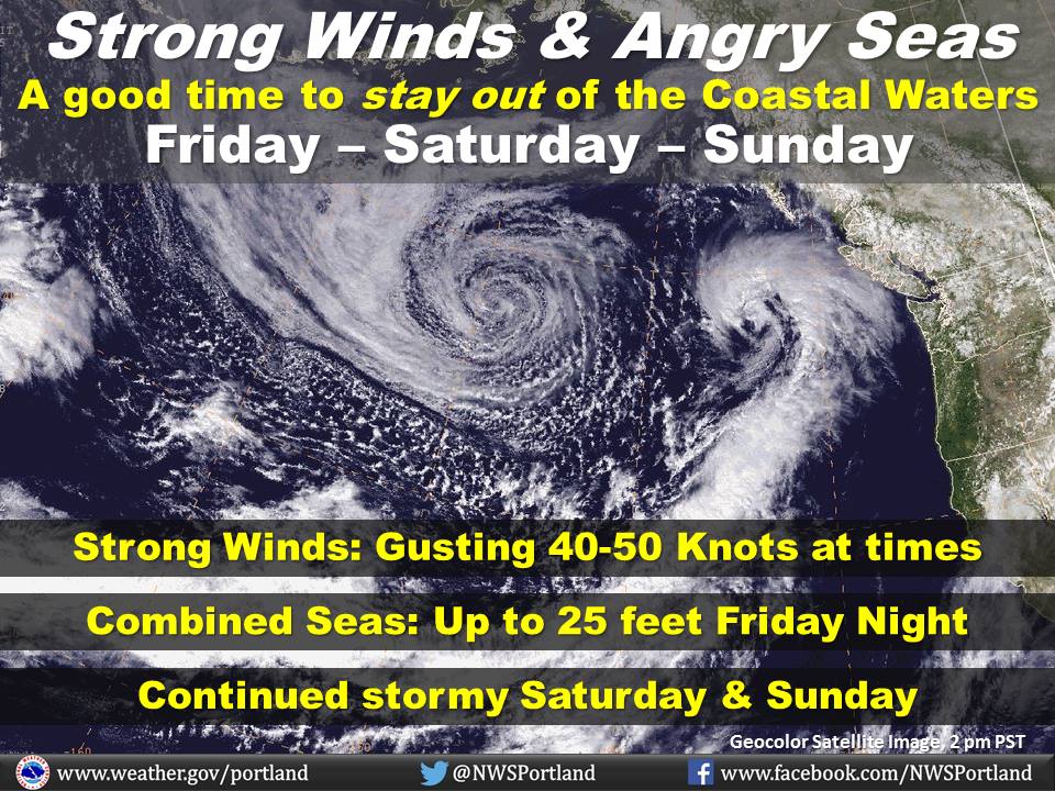 "Boaters - the next 3 days are a good time to stay out of the Coastal Waters of Washington & Oregon. Strong winds, high seas." - NOAA Portland, OR yesterday