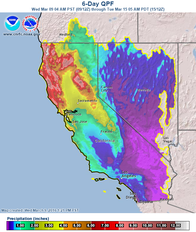 "Here's our latest precipitation forecast for the storms expected through the upcoming weekend. Heaviest amounts will be over northern California (over the higher terrain... 5 to 10 inches locally to 12 inches). To check out river impacts... " - NOAA LA, CA yesterday