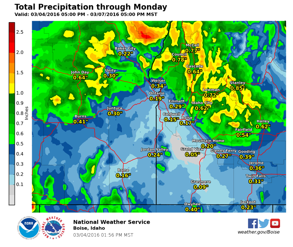 "Total Precipitation through Monday Mar 7, 2016" - NOAA Boise, ID today