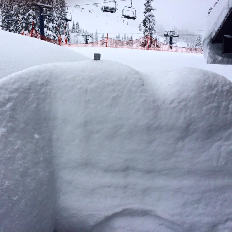 "We extended our snow stake with a yard stick last night, and this is what was left this morning! In the last 48 hours 5' of snow has fallen at the summit! Come get it" - Sugar Bowl