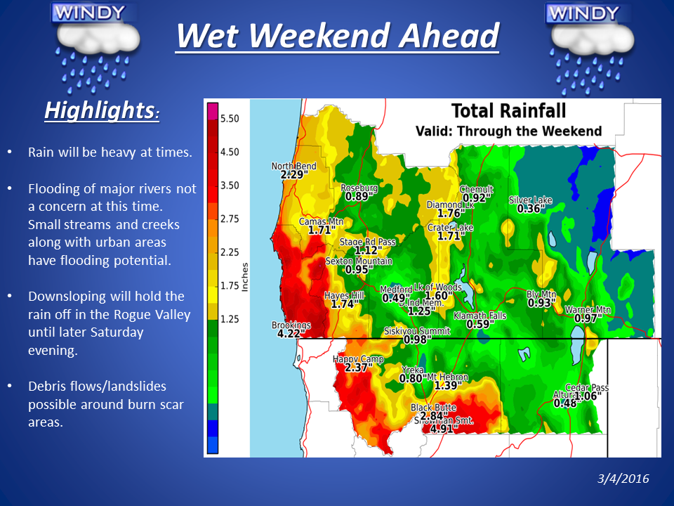 "The same storm that will bring windy conditions to the area on Saturday will also bring significant rain with it. The bulk of the rainfall will occur early Saturday morning through Sunday morning. Major river flooding is not a concern at this time. However, with heavy rainfall rates, small streams and creeks along with urban areas will have the potential to flood. Be ready for a wet and windy weekend!" - NOAA Medford, OR today