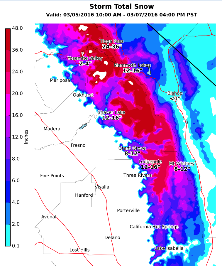 "Forecast snowfall for southern Sierra from Saturday morning through Monday afternoon." - NOAA Hanford, CA today