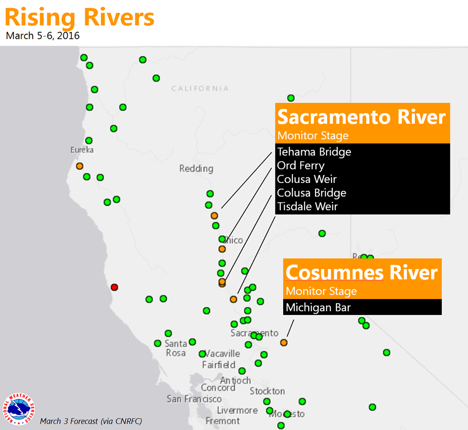 "Plenty off runoff associated with Saturday's storm system is expected to push points along the Sacramento and Cosumnes Rivers into Monitor Stage." - NOAA Sacramento, CA today